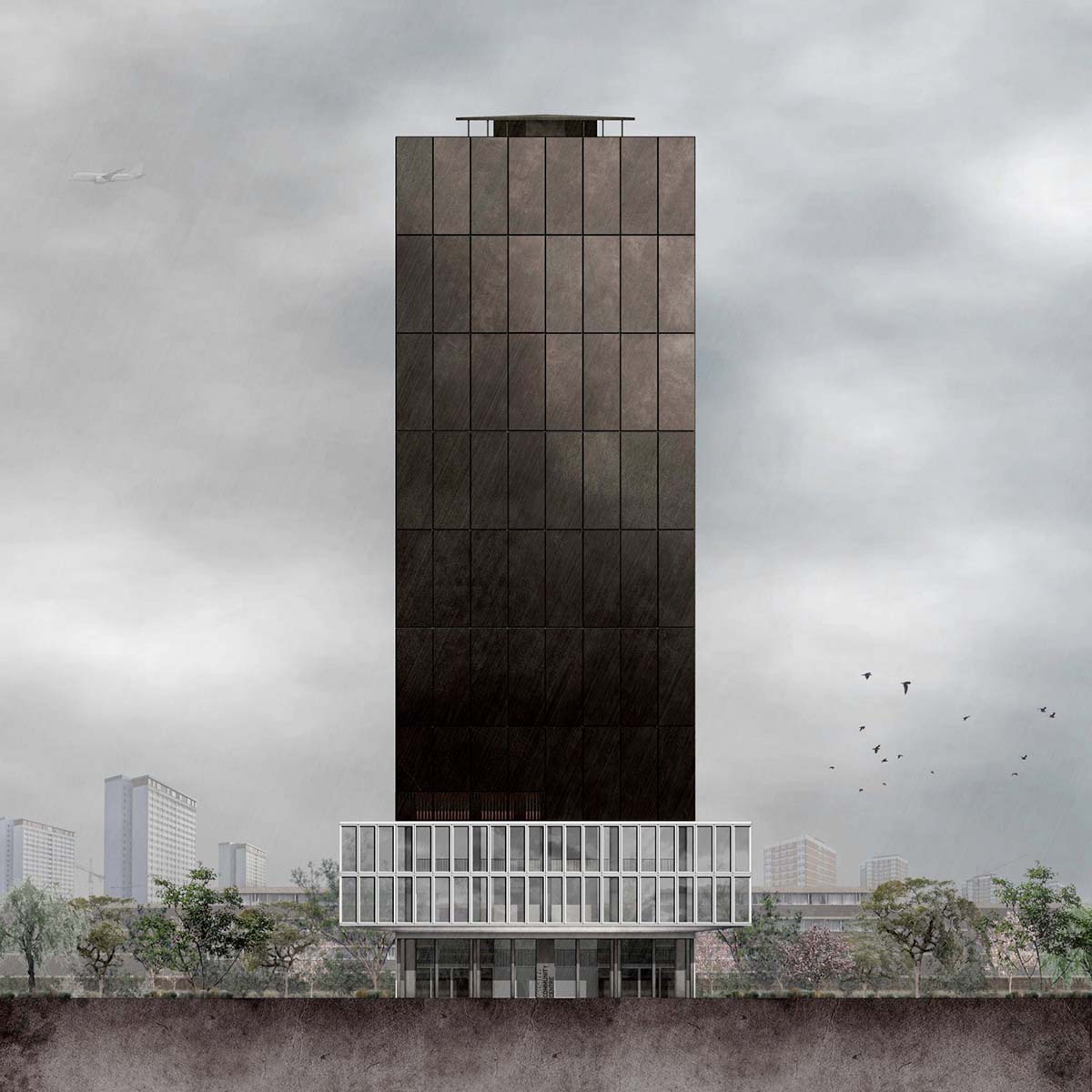 Grenfell Tower reimagined as monolithic black concrete memorial by JAA