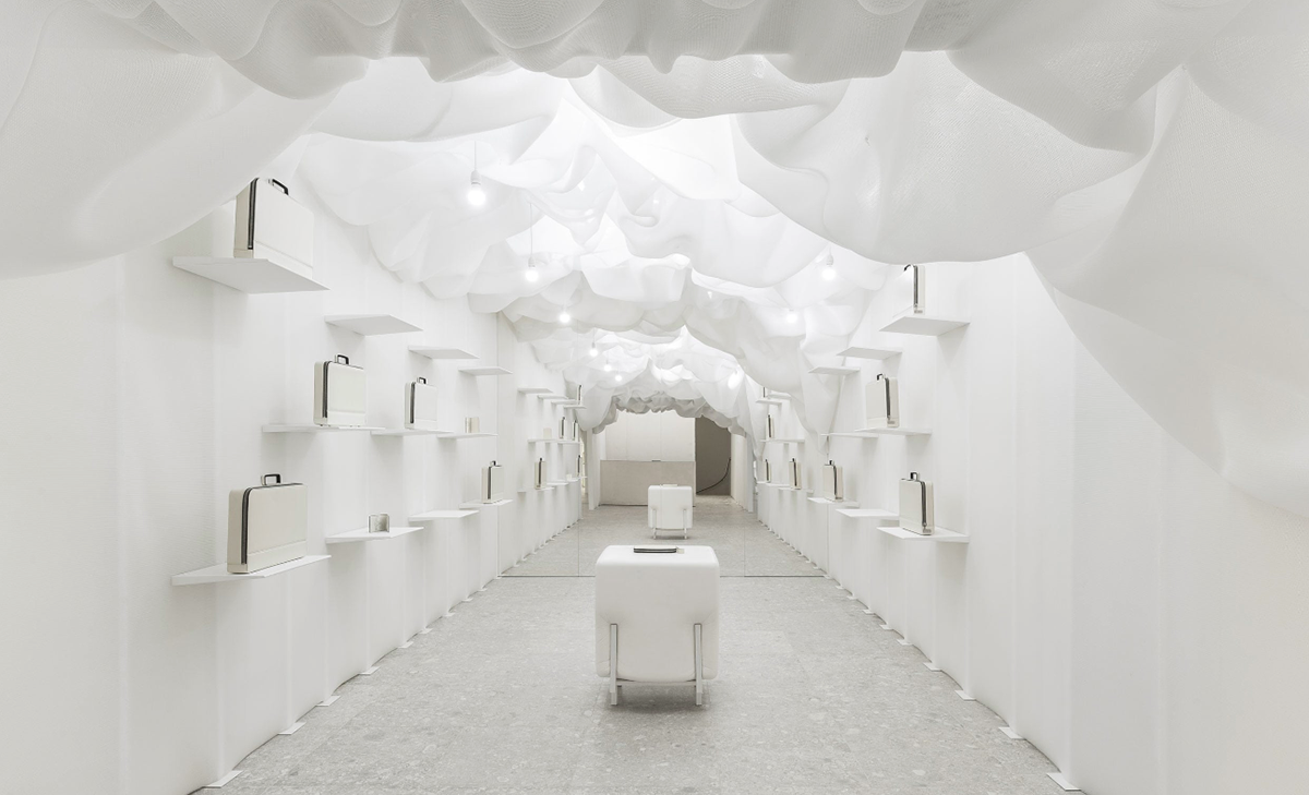 Snarkitecture created pop-up clouded-fabric for Valextra’s store in Milan