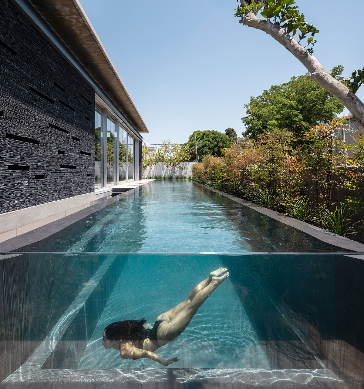Pitsou Kedem Architects' black Pavilion House is reflected onto a linear swimming pool in Israel