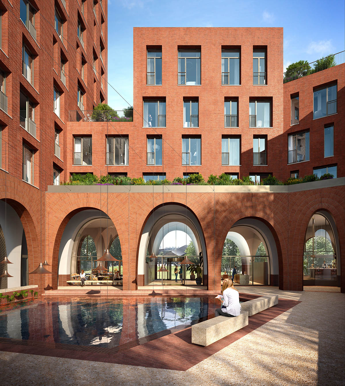 Alison Brooks Architects designs mixed-use urban block with red archways in London's King's Cross