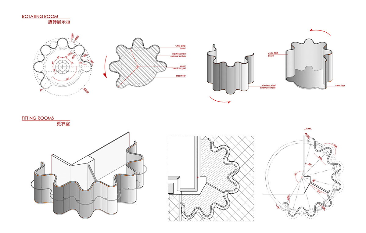 RAMOPRIMO uses steel curved walls to highlight garments in the interior of fashion store in China