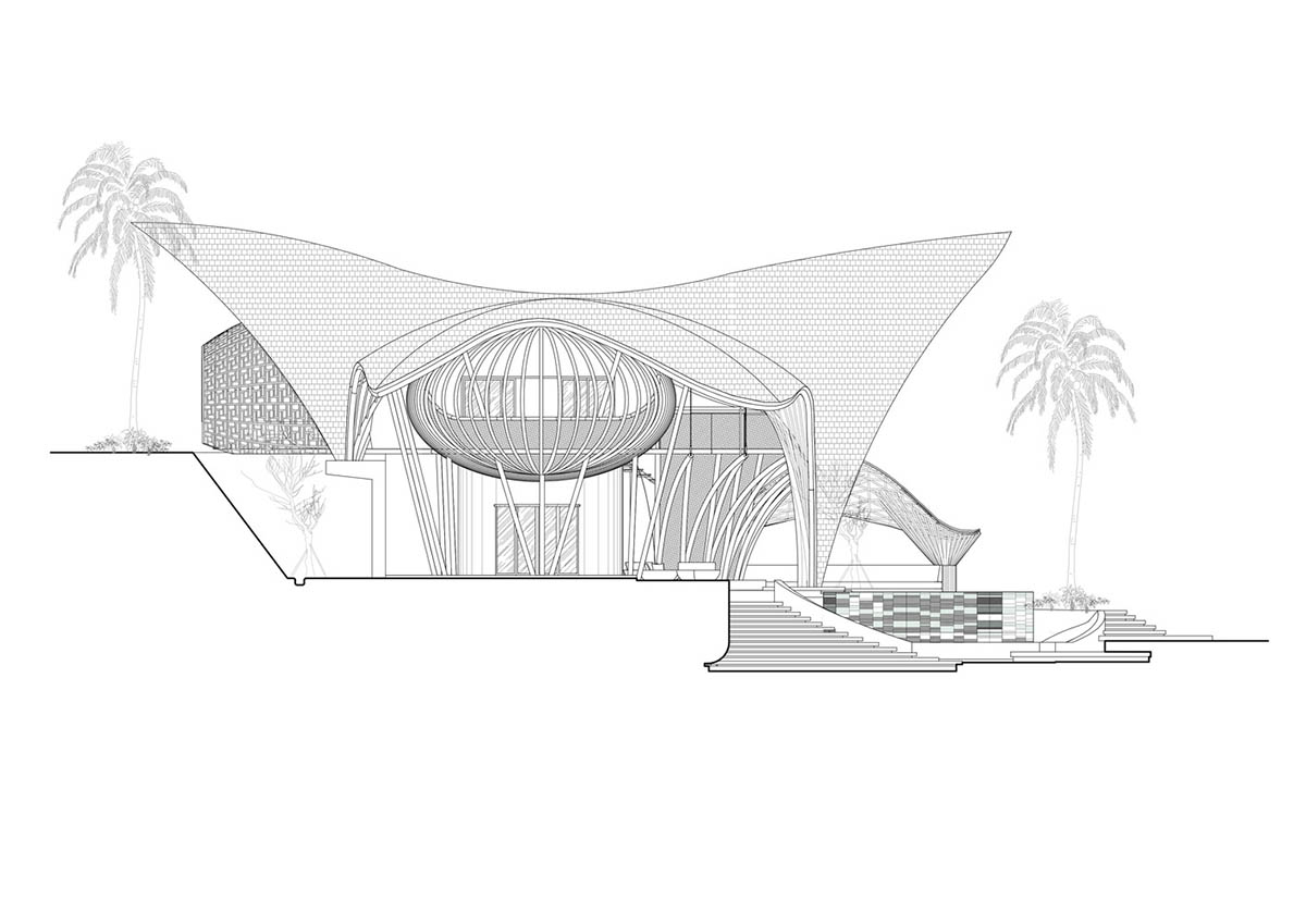 Undulating bamboo roofs wrap this wellness retreat in a lush forest of Bali