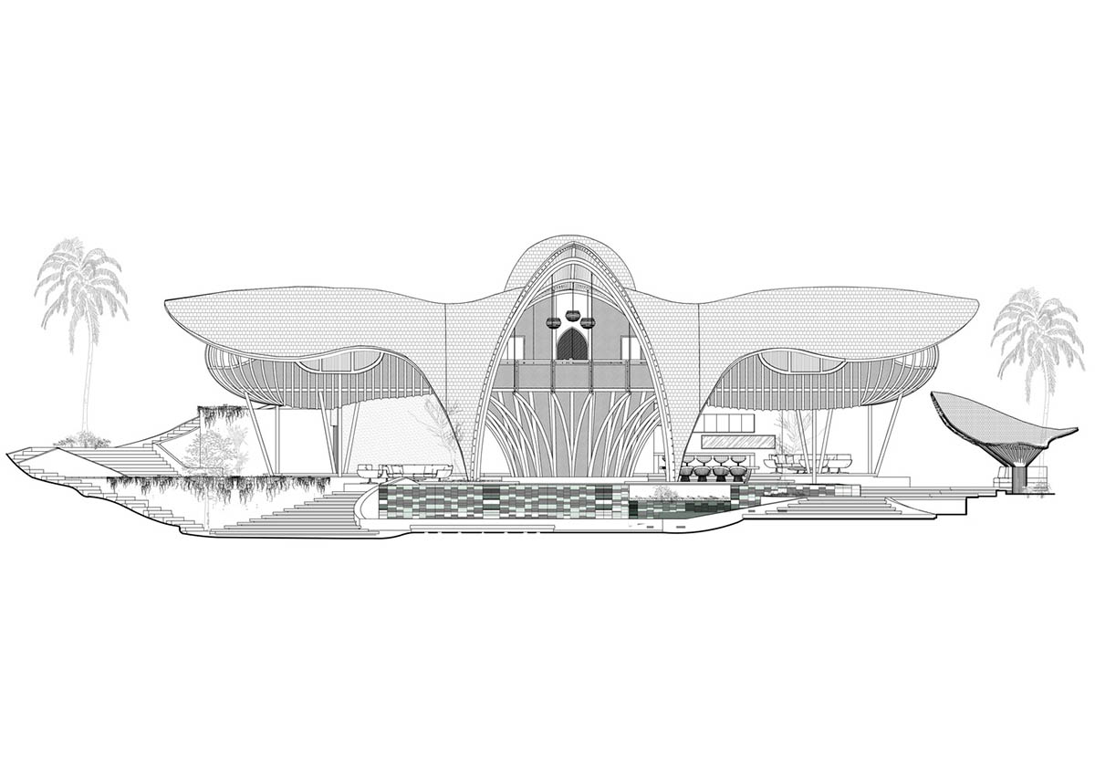 Undulating bamboo roofs wrap this wellness retreat in a lush forest of Bali