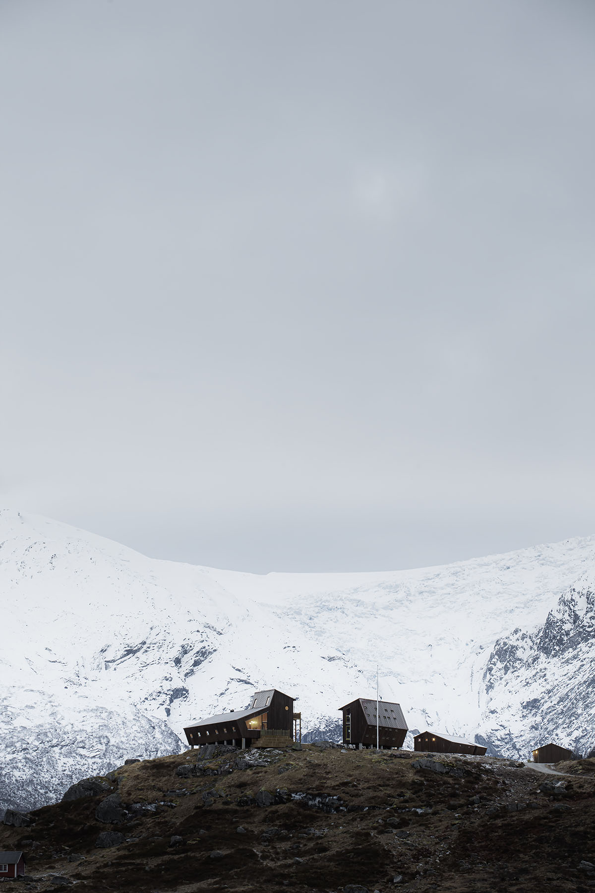 Snøhetta built pentagonal and oblique wooden cabins for hikers on the mountains of Luster