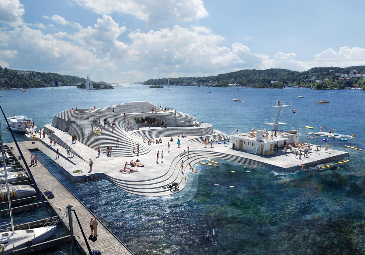 Snøhetta creates man-made, layered island to revive 1930s Norwegian Harbour Bath