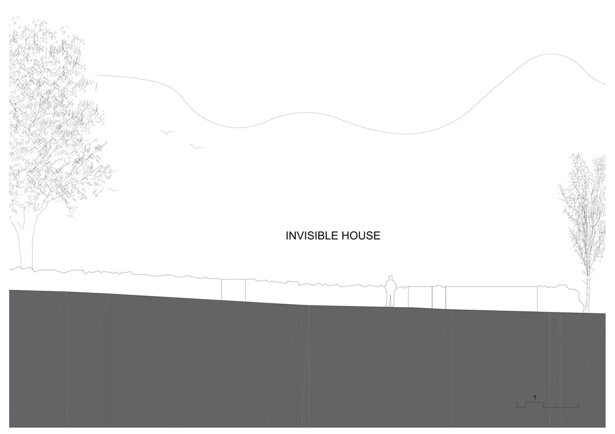 Studio Okami Architects built brick private villa embedded in the slope to offer infinite views