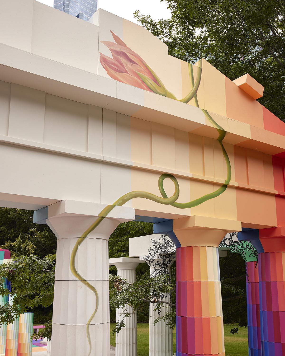 Adam Newman and Kelvin Tsang install The Parthenon clad in colors and murals at NGV's garden