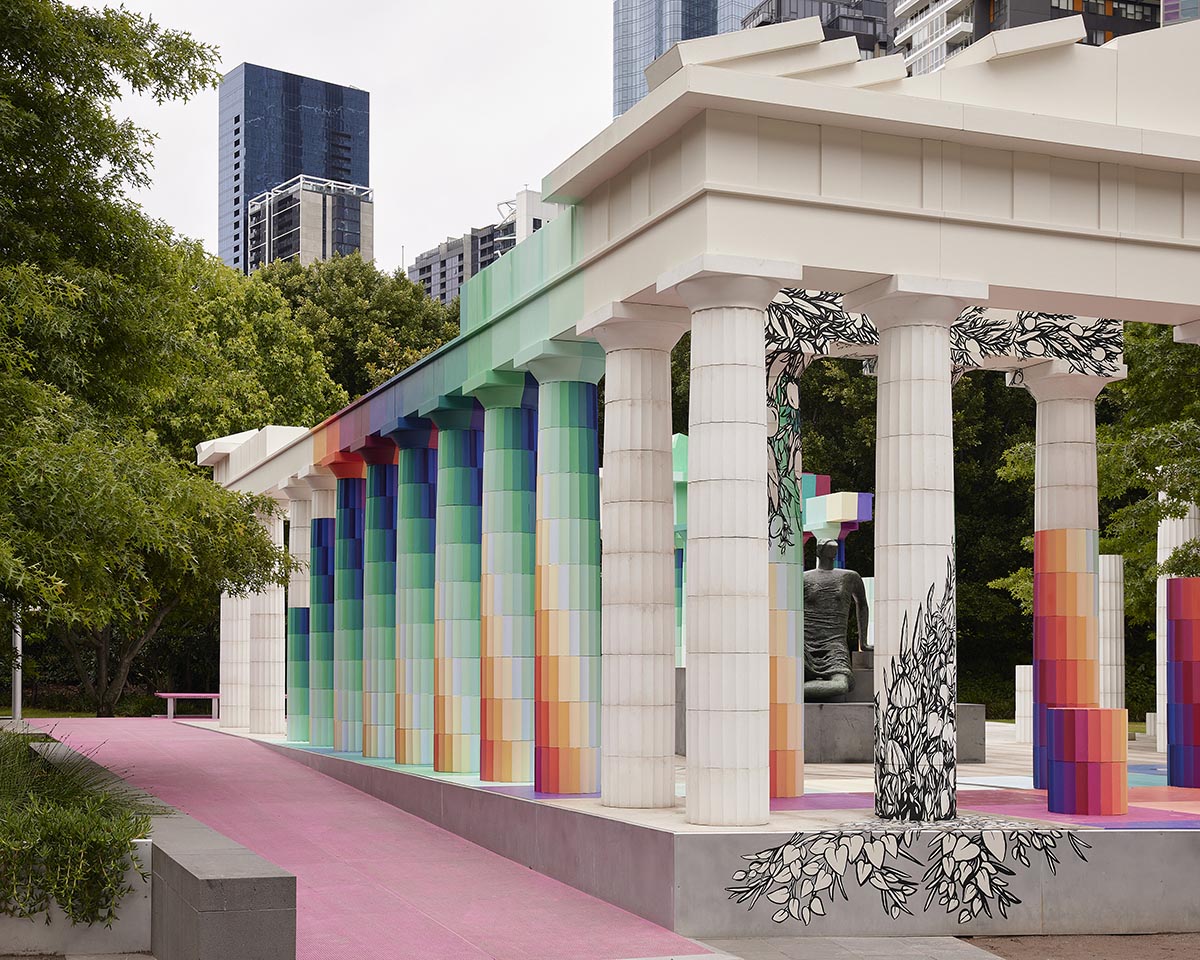 Adam Newman and Kelvin Tsang install The Parthenon clad in colors and murals at NGV's garden