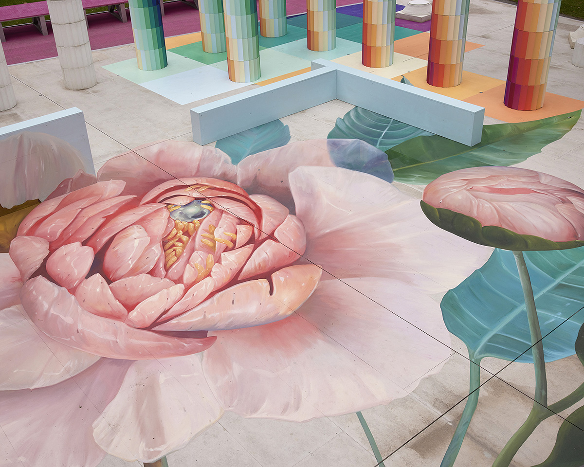 Adam Newman and Kelvin Tsang install The Parthenon clad in colors and murals at NGV's garden