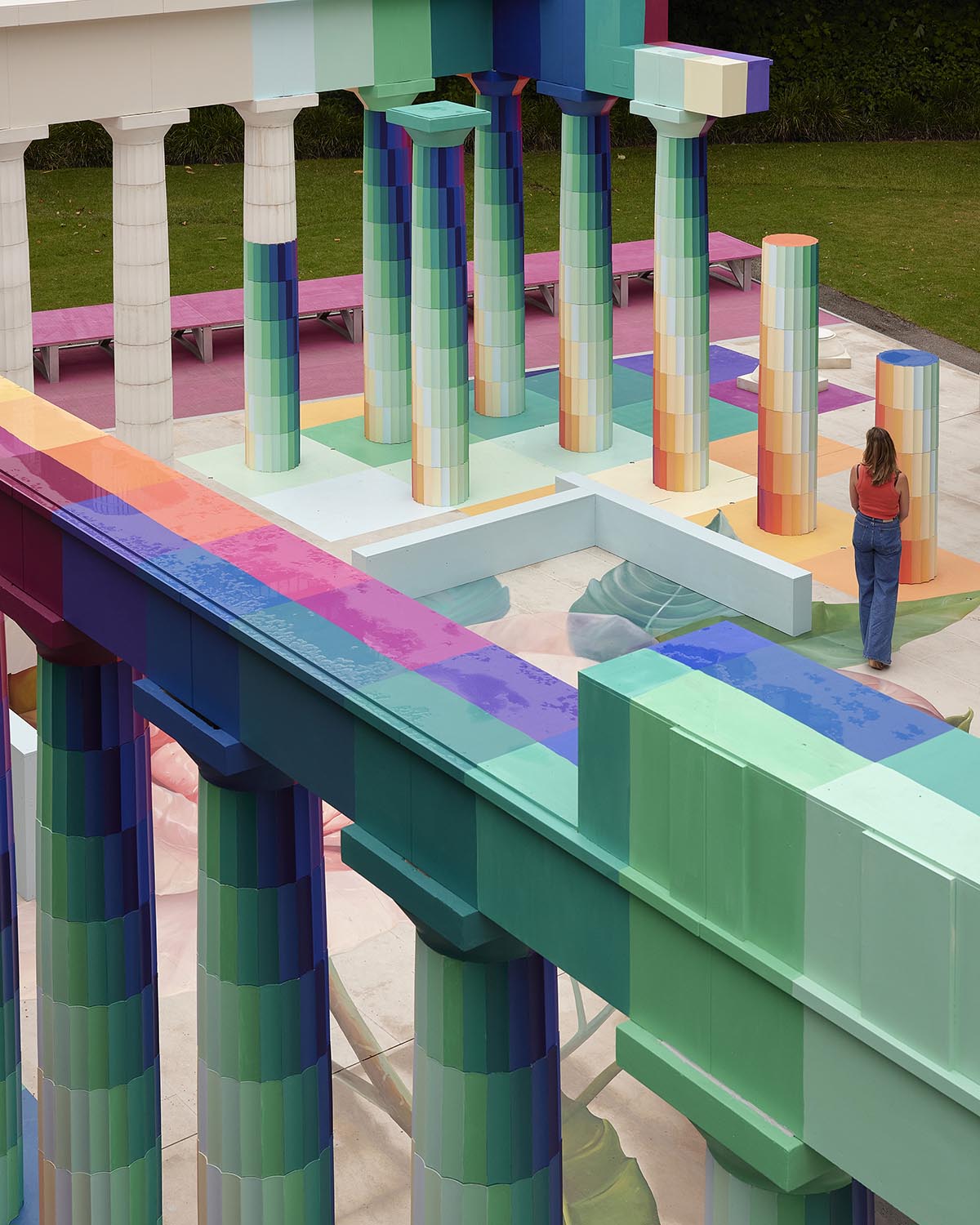 Adam Newman and Kelvin Tsang install The Parthenon clad in colors and murals at NGV's garden