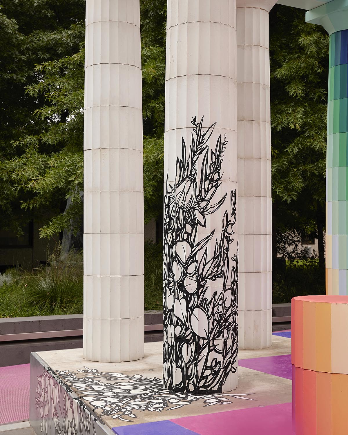 Adam Newman and Kelvin Tsang install The Parthenon clad in colors and murals at NGV's garden
