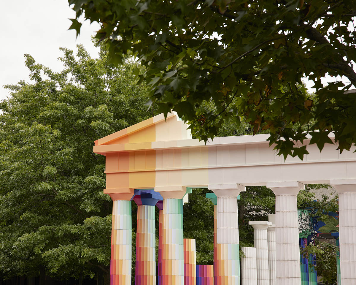 Adam Newman and Kelvin Tsang install The Parthenon clad in colors and murals at NGV's garden