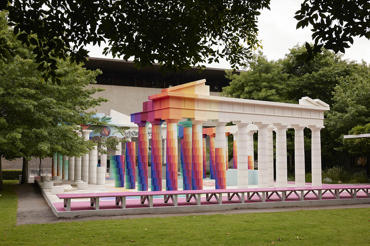 Adam Newman and Kelvin Tsang install The Parthenon clad in colors and murals at NGV's garden