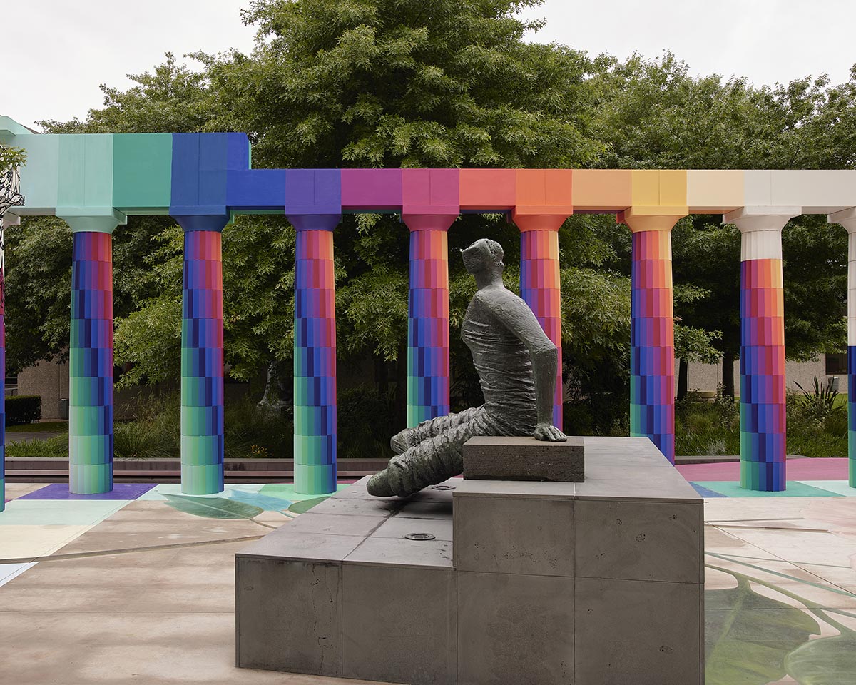 Adam Newman and Kelvin Tsang install The Parthenon clad in colors and murals at NGV's garden