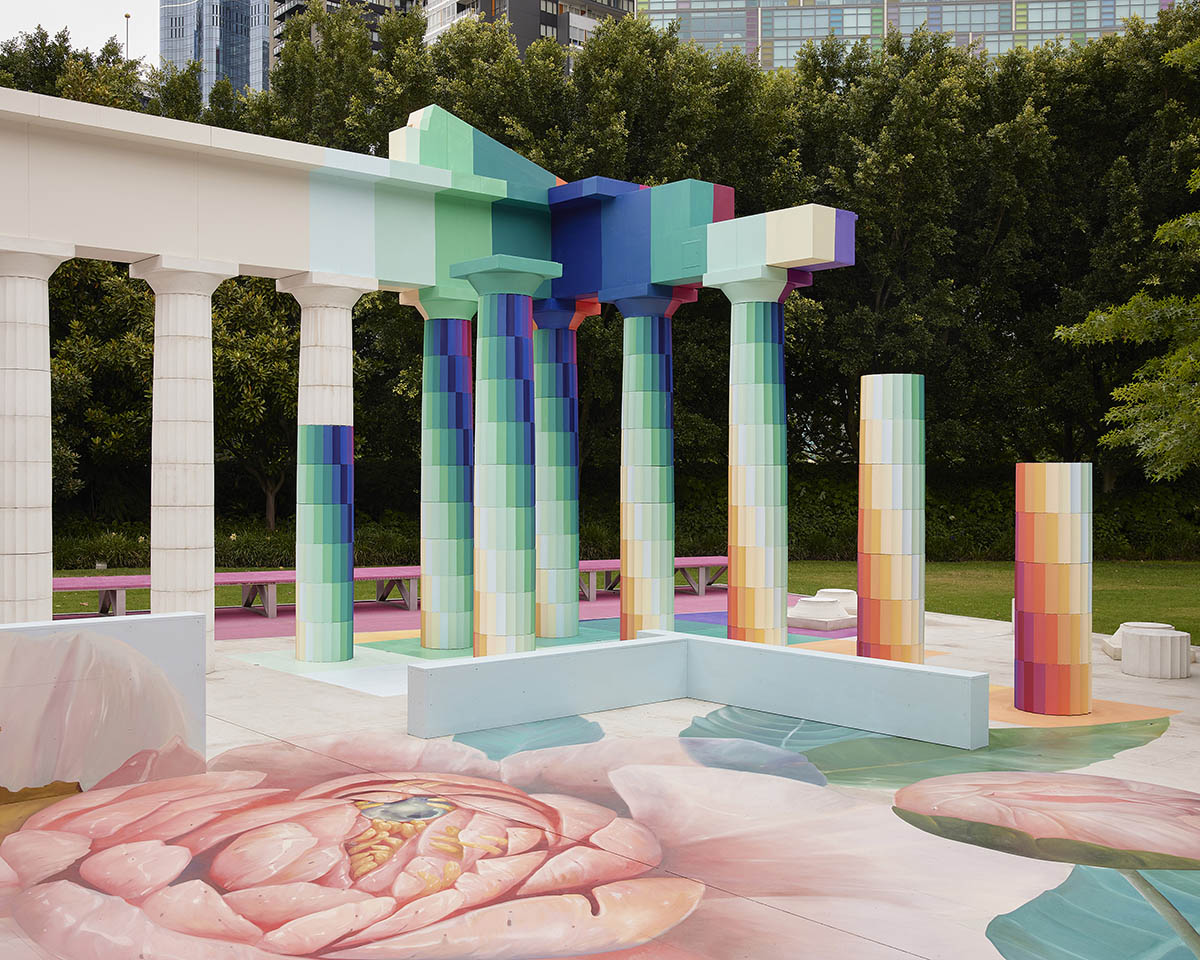 Adam Newman and Kelvin Tsang install The Parthenon clad in colors and murals at NGV's garden