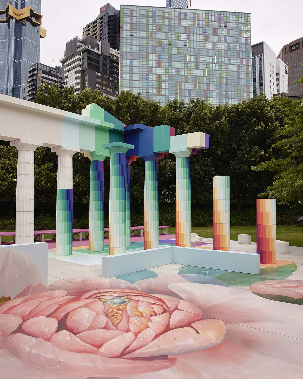 Adam Newman and Kelvin Tsang install The Parthenon clad in colors and murals at NGV's garden