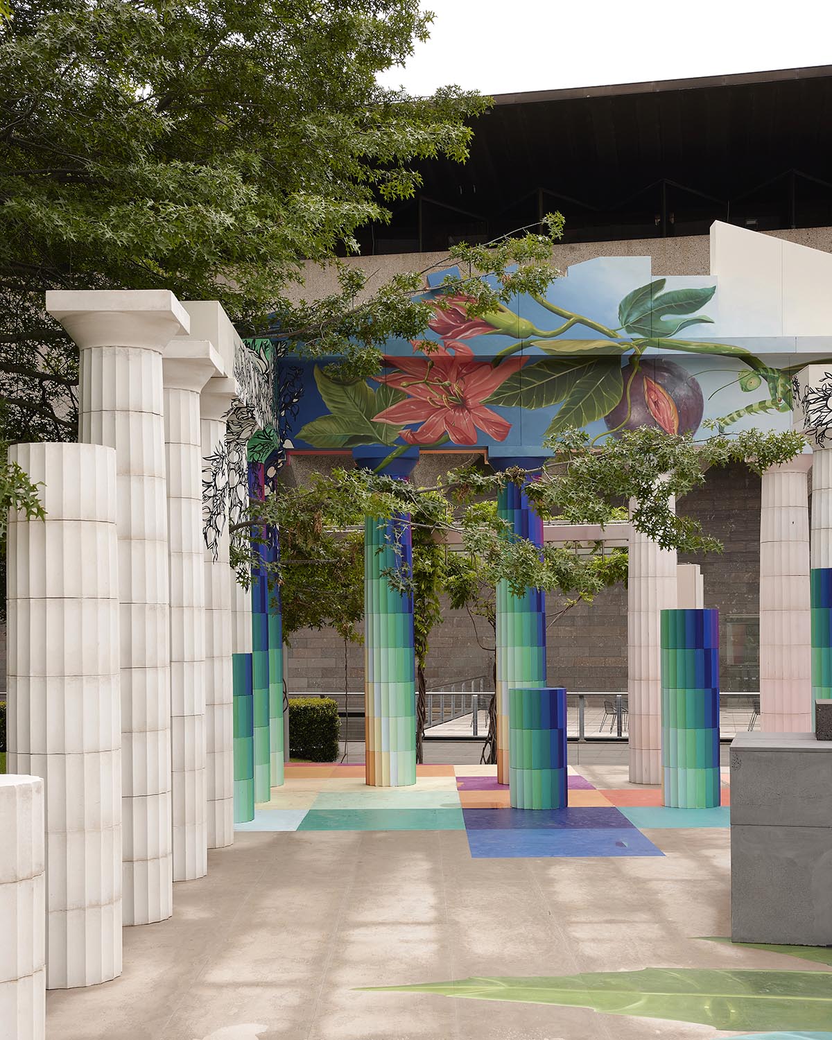 Adam Newman and Kelvin Tsang install The Parthenon clad in colors and murals at NGV's garden