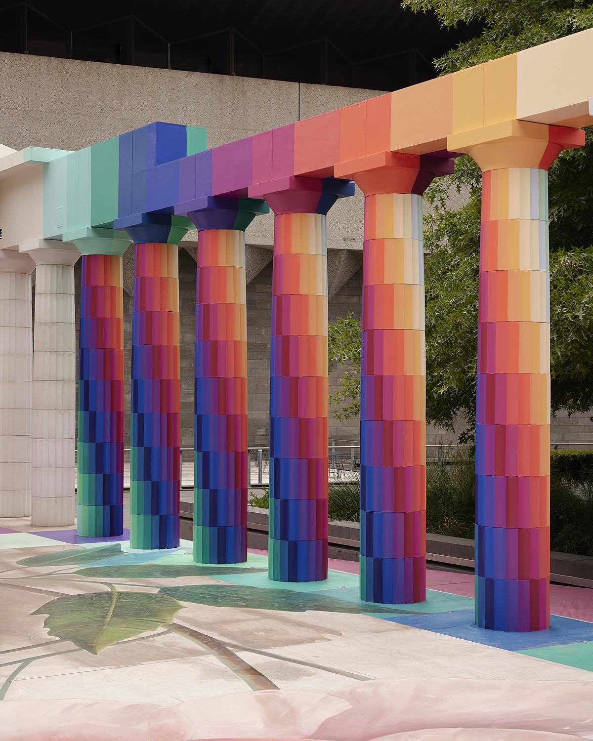 Adam Newman and Kelvin Tsang install The Parthenon clad in colors and murals at NGV's garden