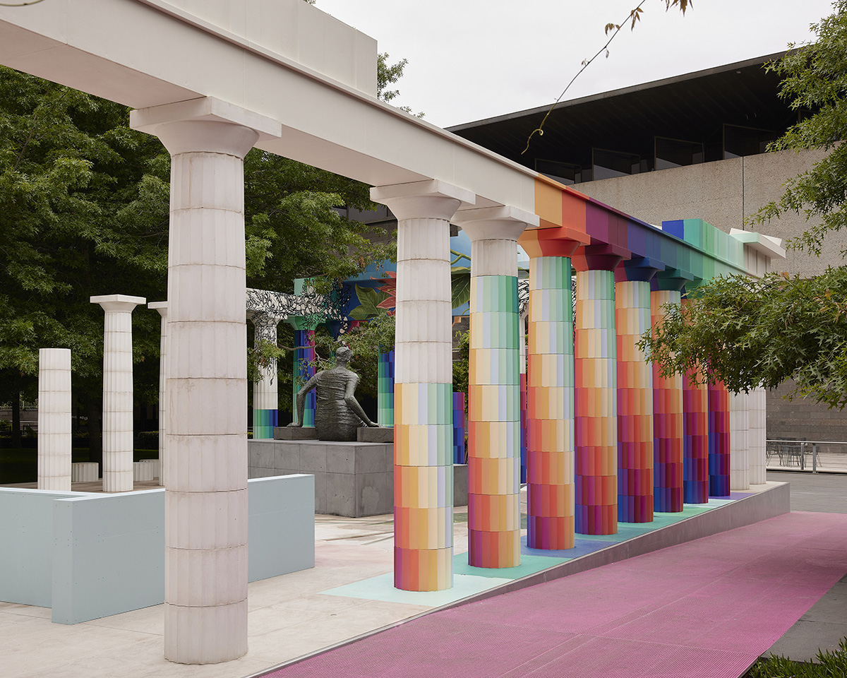 Adam Newman and Kelvin Tsang install The Parthenon clad in colors and murals at NGV's garden