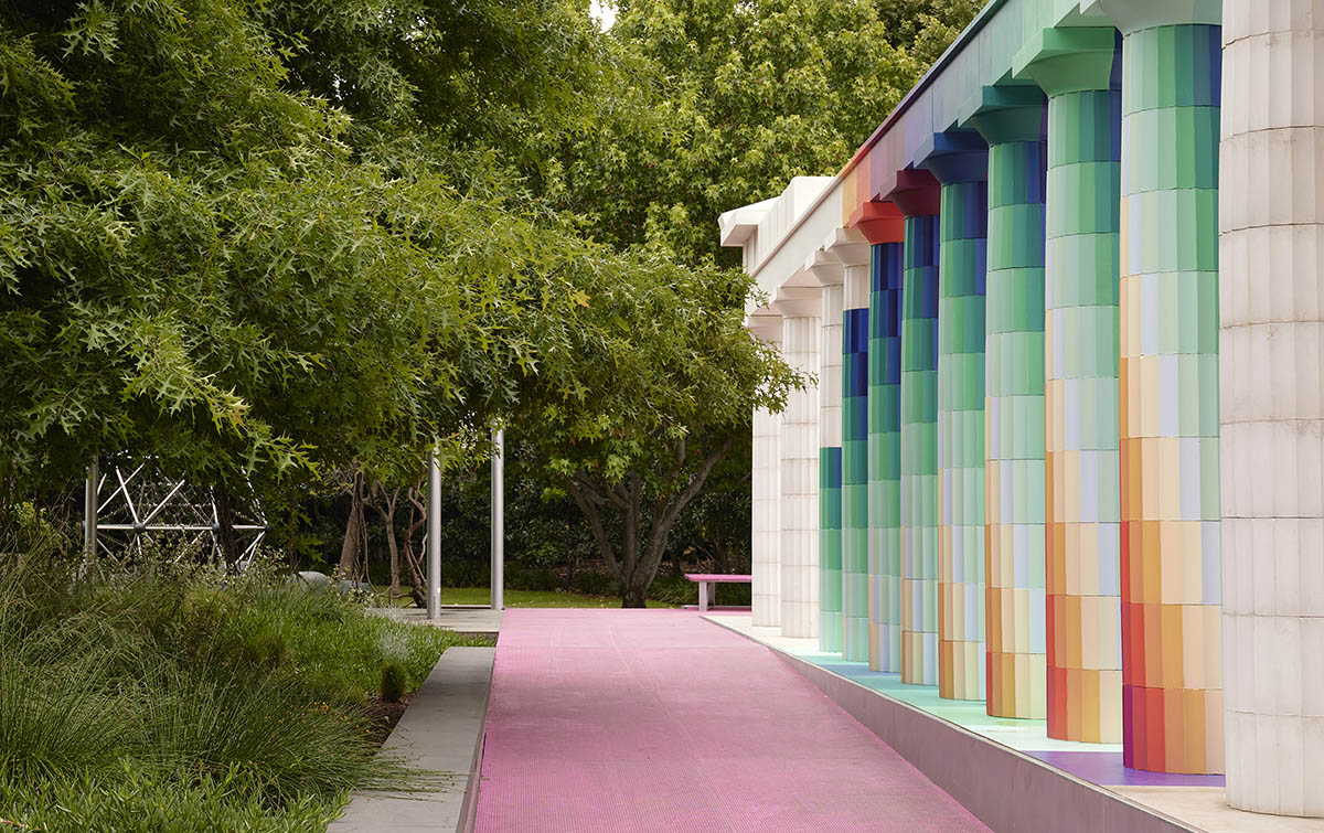 Adam Newman and Kelvin Tsang install The Parthenon clad in colors and murals at NGV's garden