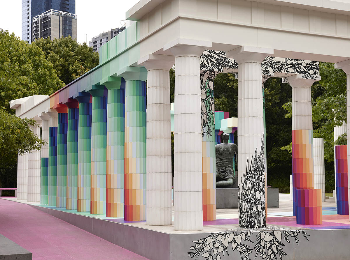Adam Newman and Kelvin Tsang install The Parthenon clad in colors and murals at NGV's garden