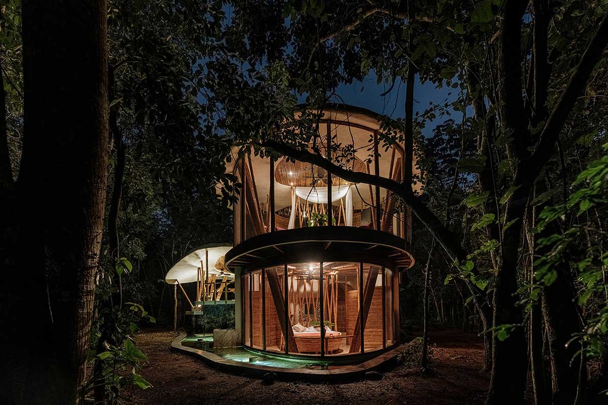 Flower-shaped bamboo holiday villa by NOD Studio is encased in a bamboo dome in a Mexican jungle