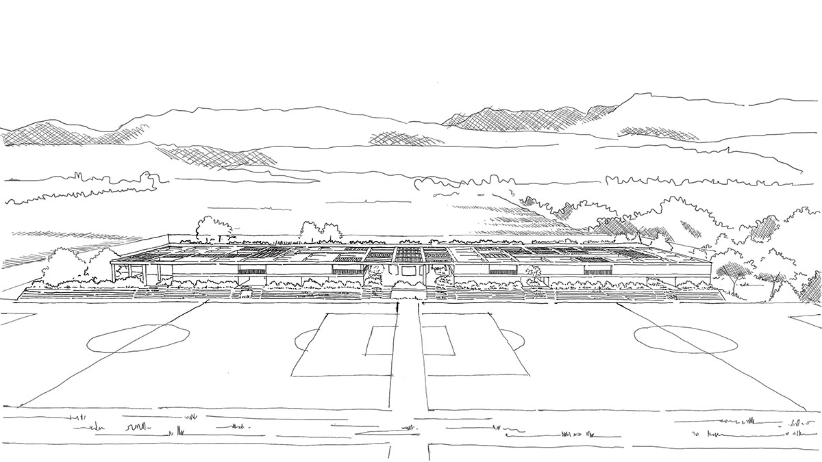 Red pigmented gridded structure defines village-like Mexican sport facility by Sordo Madaleno