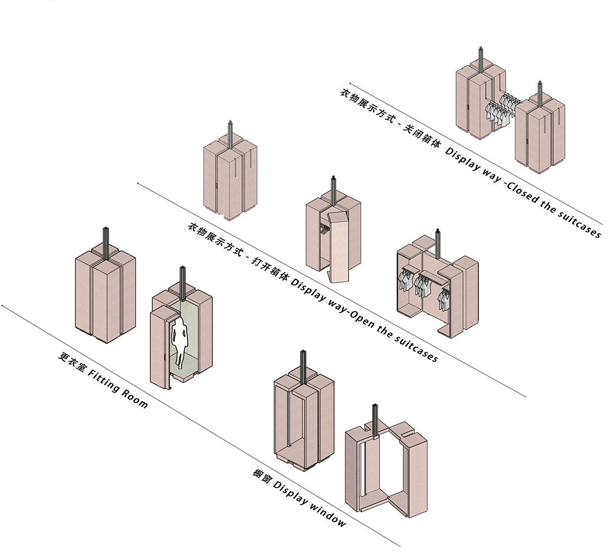 Interiors of boutique feature changeable structural systems generating different catwalk routes