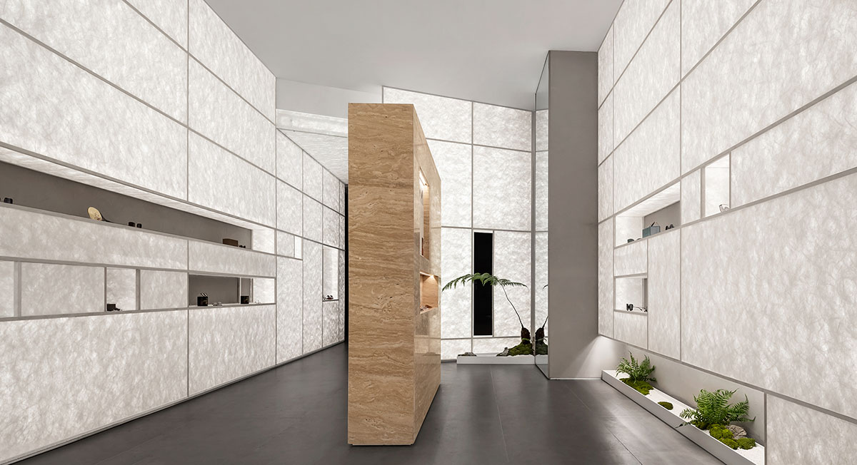 Luminous screen walls create fluid interiors for an optic store designed by Onexn Architects 