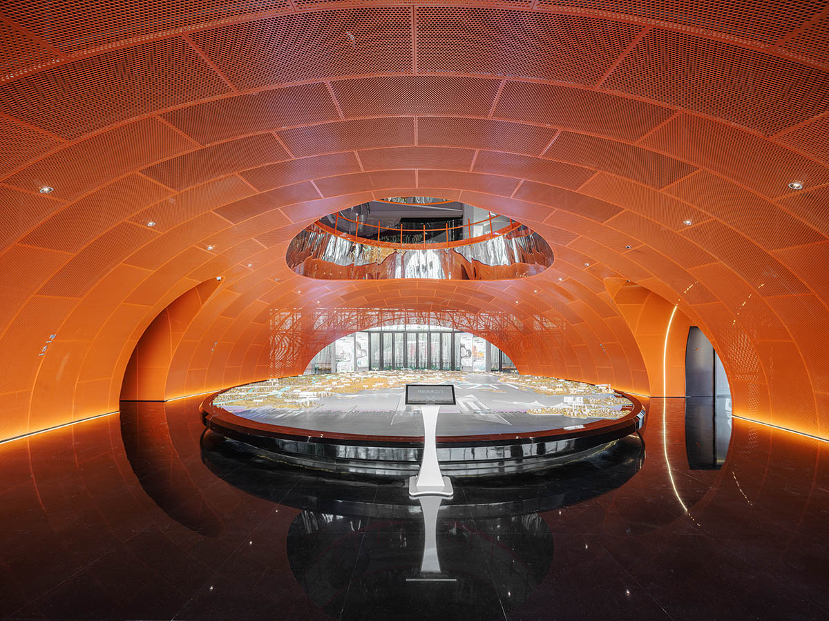 Wutopia Lab built showroom evoking Chinese red mountains with dazzling orange-colored roof