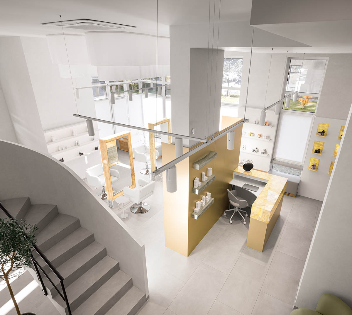Mirrors and golden frames create a sense of care and deep comfort for beauty salon in Ukraine