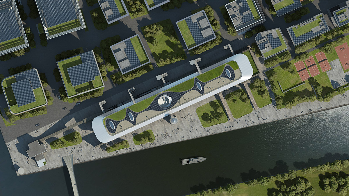 MAD unveils design to extend old cement factory warehouse with spaceship-like floating volume