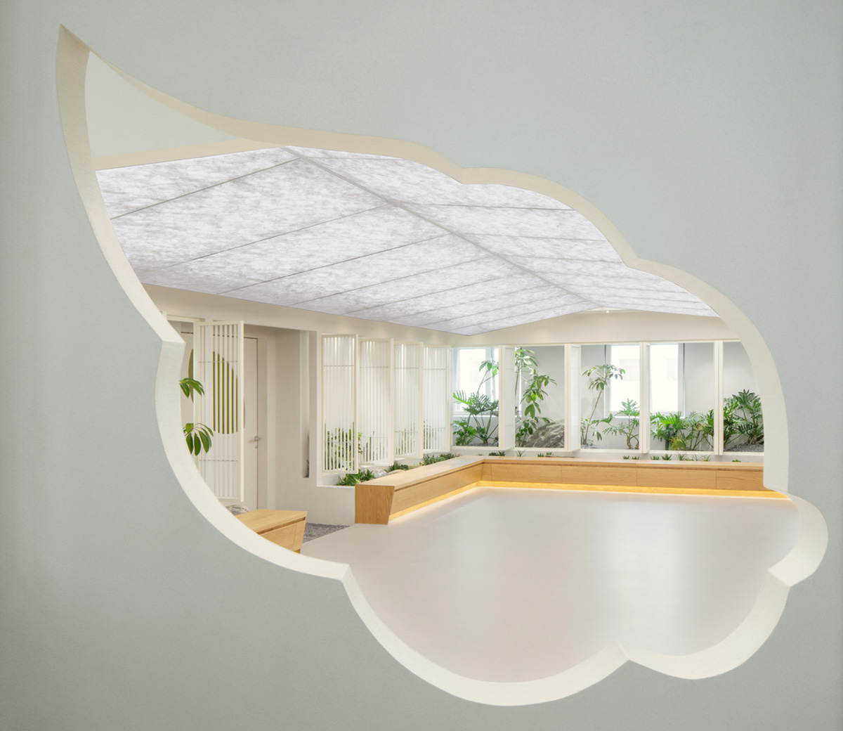 Jiejie studio wraps this tea room with a peach garden with rocky and forest landscape in Beijing