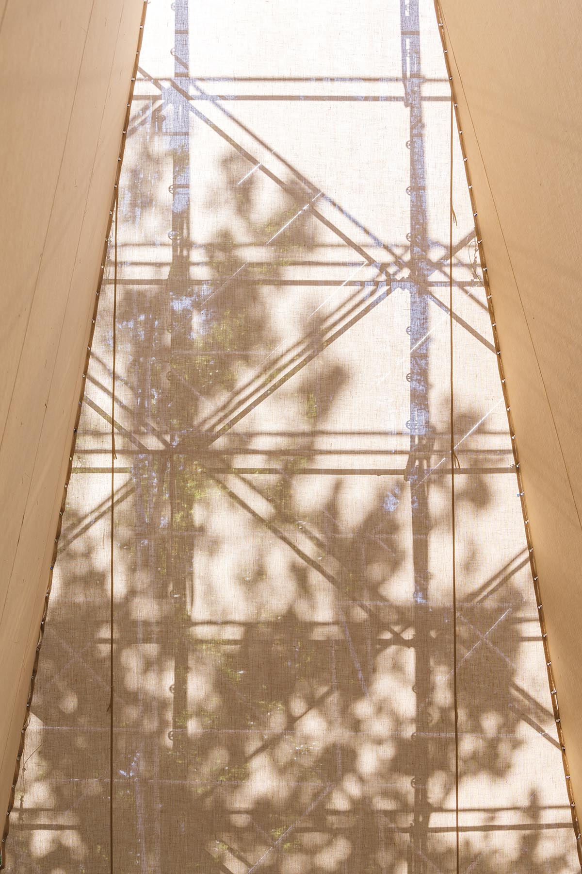 Aire Pavilion wrapped by giant scaffolding represents 