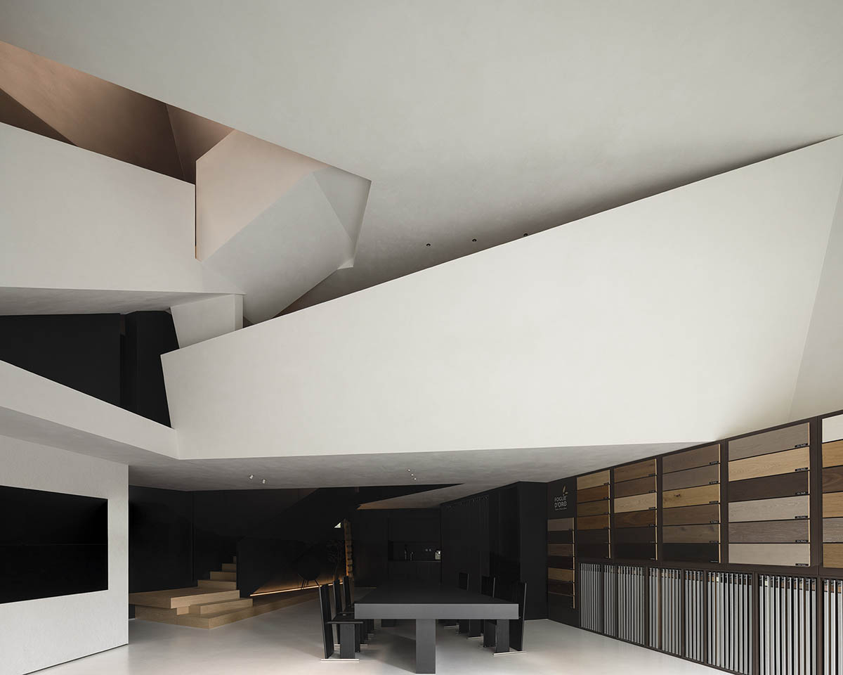 Product showroom features slanted walls creating a harmonious sense of balance in China