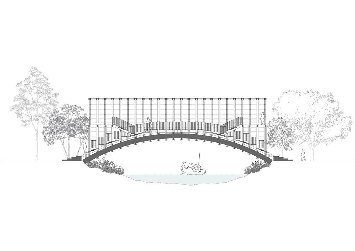 Arched timber bridge by LUO studio allows boats to pass under bridge smoothly in Gulou waterfront