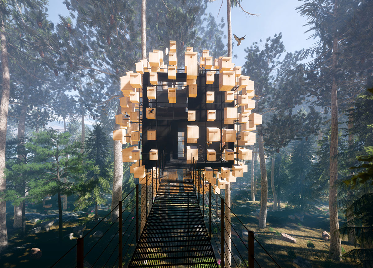 BIG encloses hotel room with 350 birdhouses in Sweden 