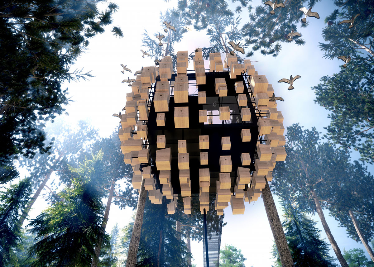 BIG encloses hotel room with 350 birdhouses in Sweden 