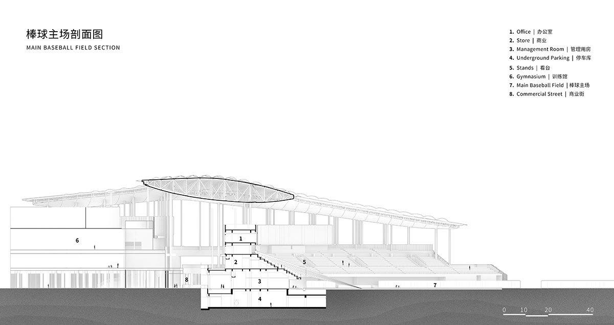 UAD completes sports cultural center with white slender columns in China