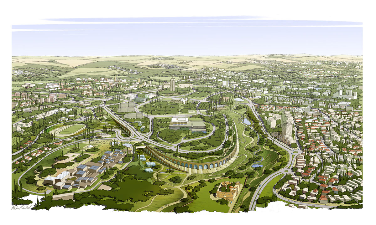 Yaniv Pardo Architects designs open coffee shop with slim columns in idyllic landscape of Jerusalem