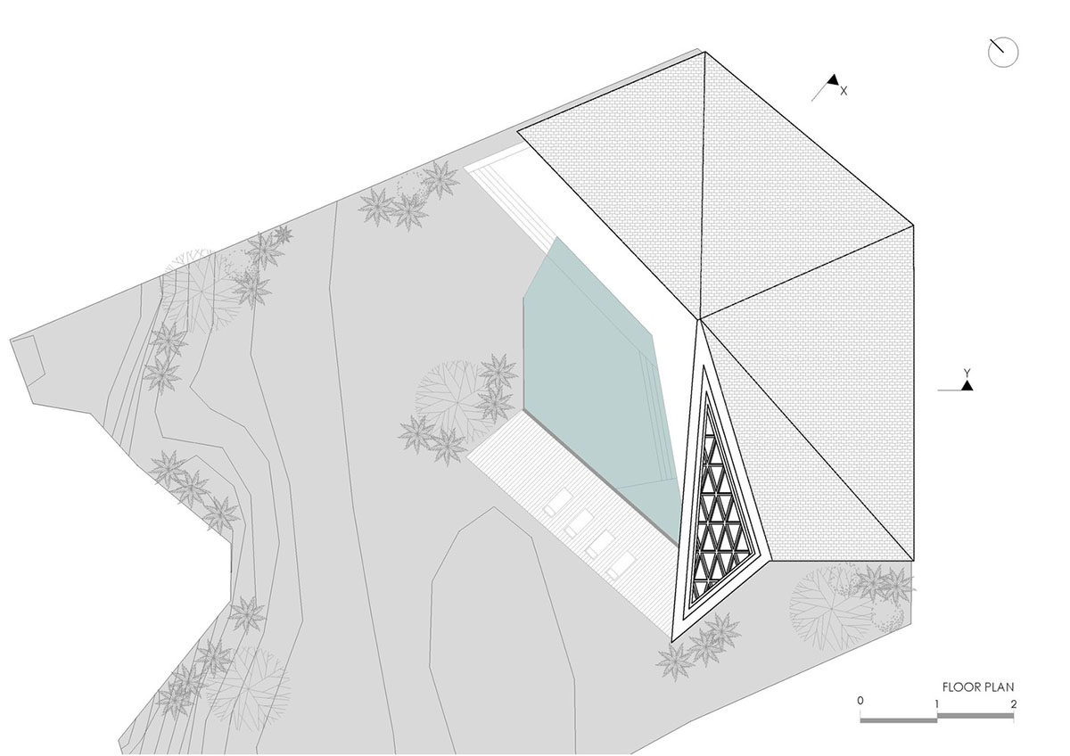 Giant sloping polygonal shading element marks Alexis Dornier's House Carbon in Bali