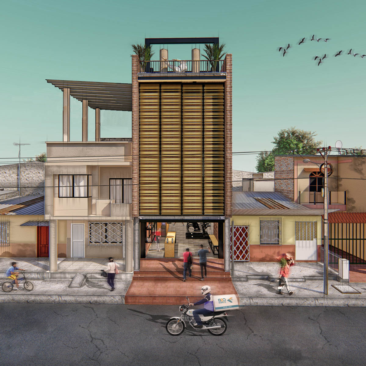 Natura Futura Arquitectura built training center featuring 8-metre-long wooden shutter in Ecuador