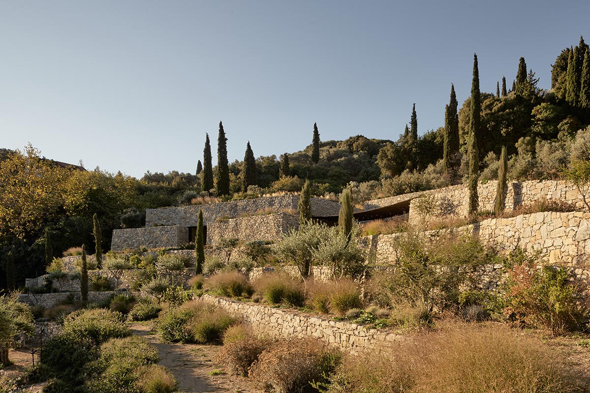 Terraced stonewalls sprawl down to offer an exploratory route in an old vineyard in Samos