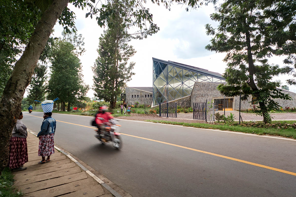 Striking geometric glass geometry resembles an open eye at a distillery in Rwanda