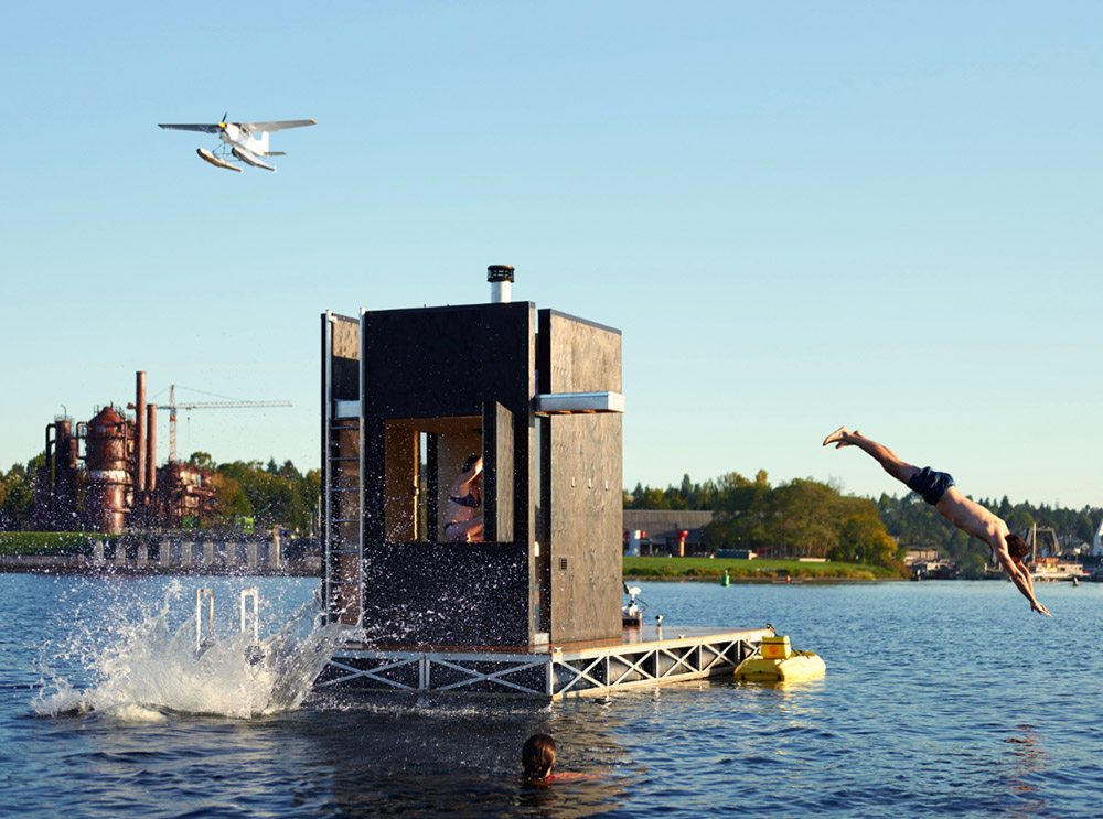 goCstudio designed floating mobile sauna overlooking at Seattle’s lakes
