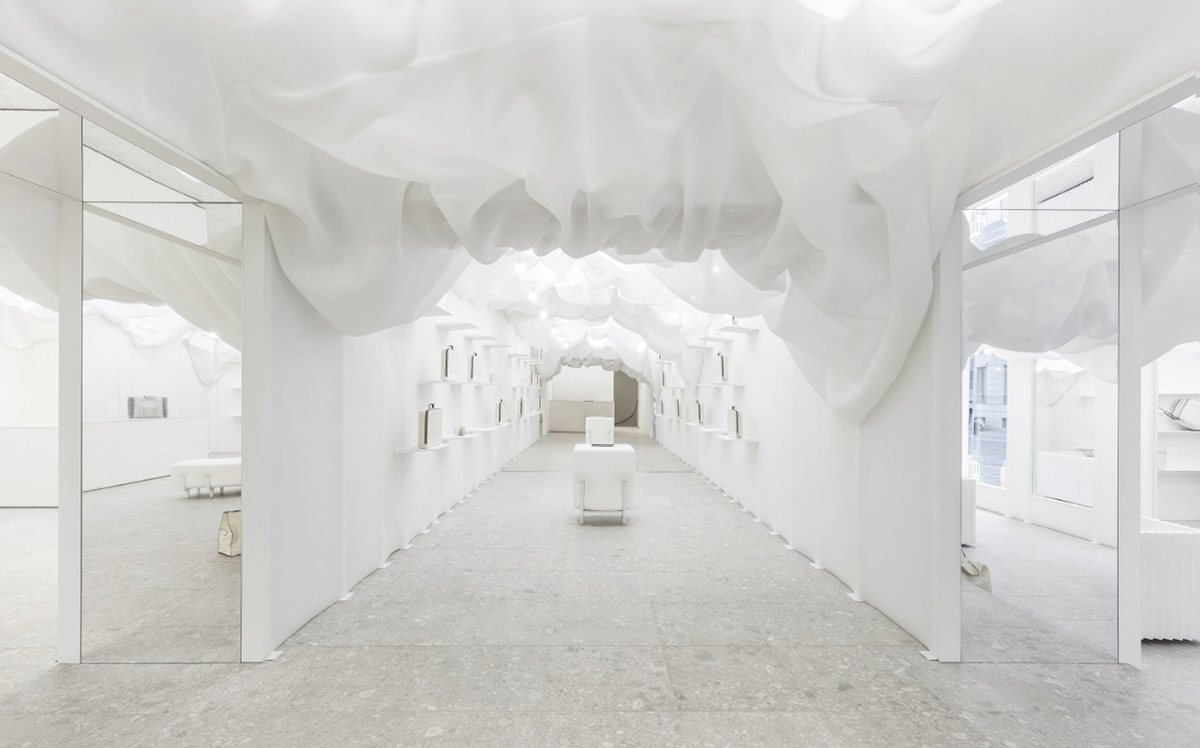 Snarkitecture created pop-up clouded-fabric for Valextra’s store in Milan
