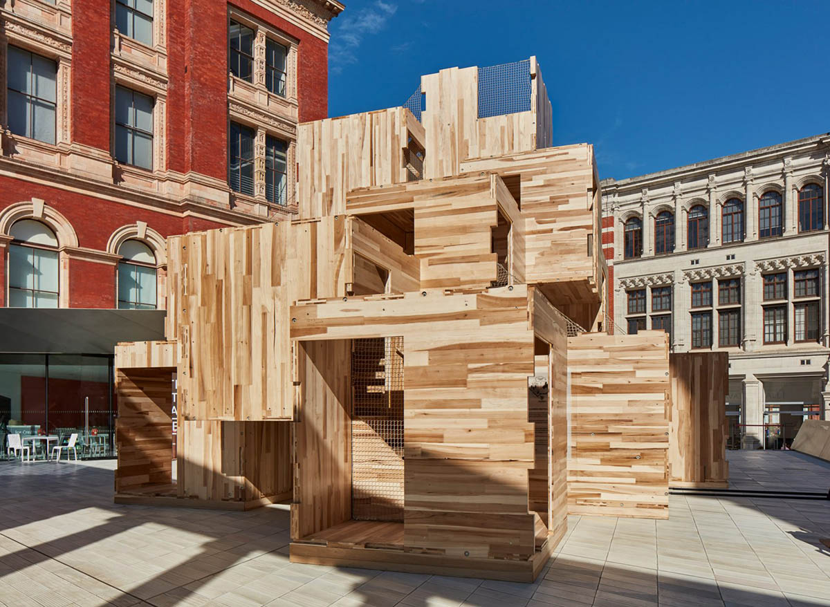 Waugh Thistleton Architects installs modular wooden maze-like sculpture at London Design Festival