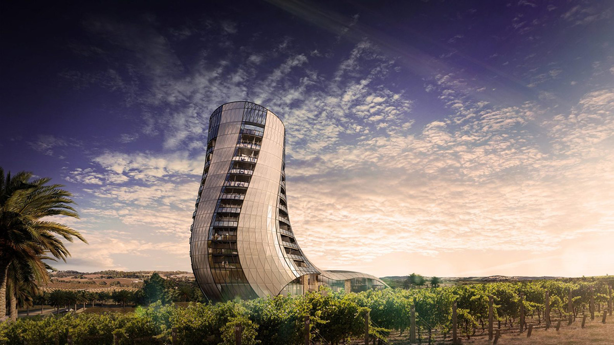 Intro Architecture designs twisted hotel tower on Barossa valley vineyards