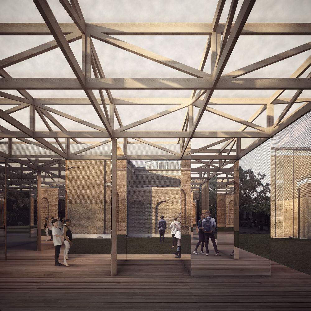 IF_DO desings Dulwich Pavilion made of multipartite timber fragments and movable mirrored screens
