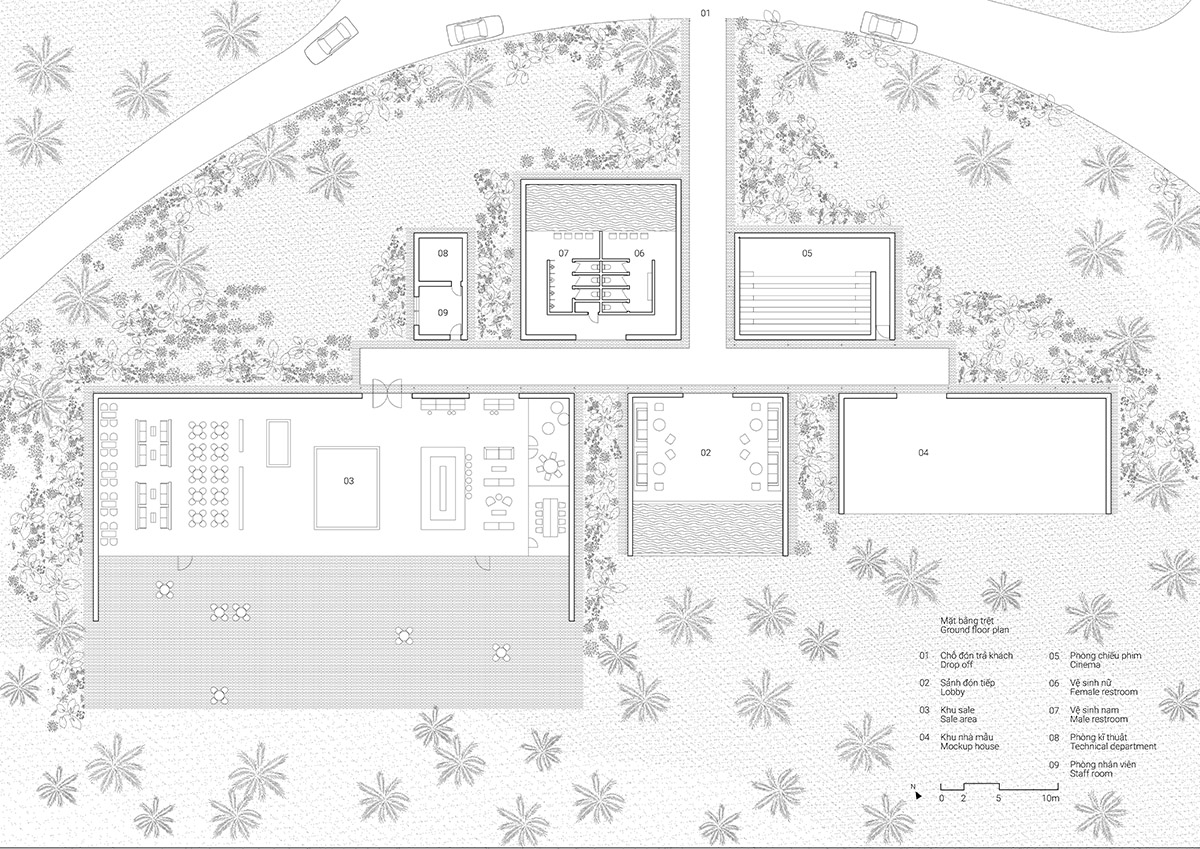 Six landscape boxes form this gallery and showroom by MIA Design Studio in Vietnam